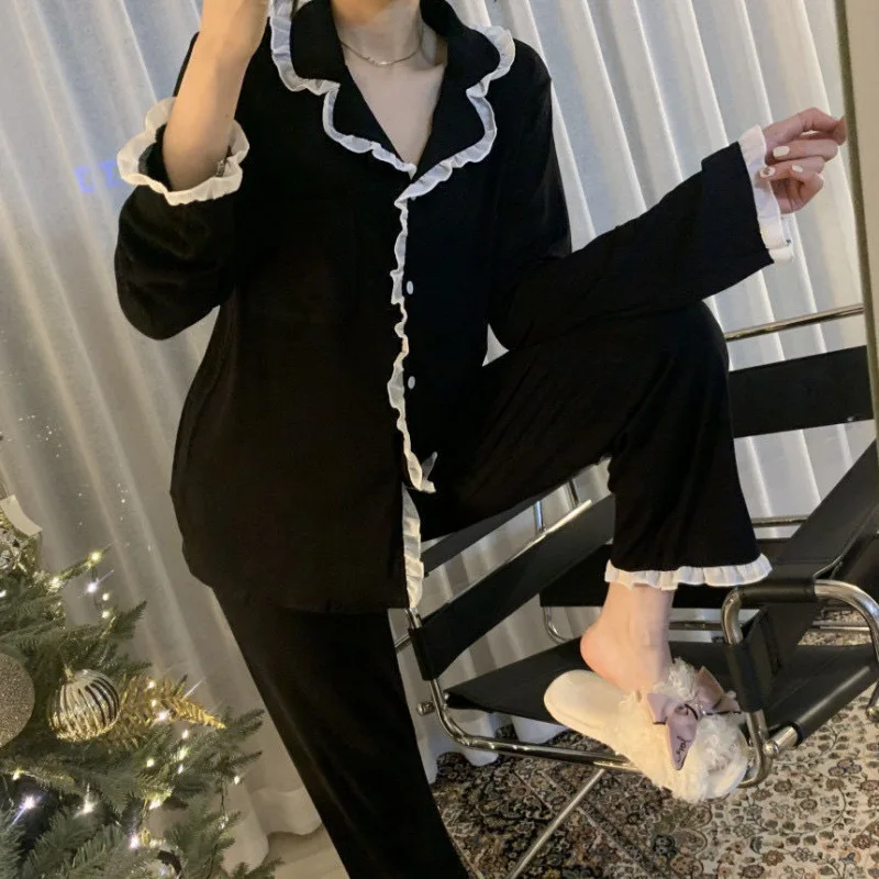 2Pcs/set Women's Nightwear Sexy Lace Long Sleeve Long Pants Simple Black Autumn and Winter Cardigan Young Girls Clothes Womens - Image 2
