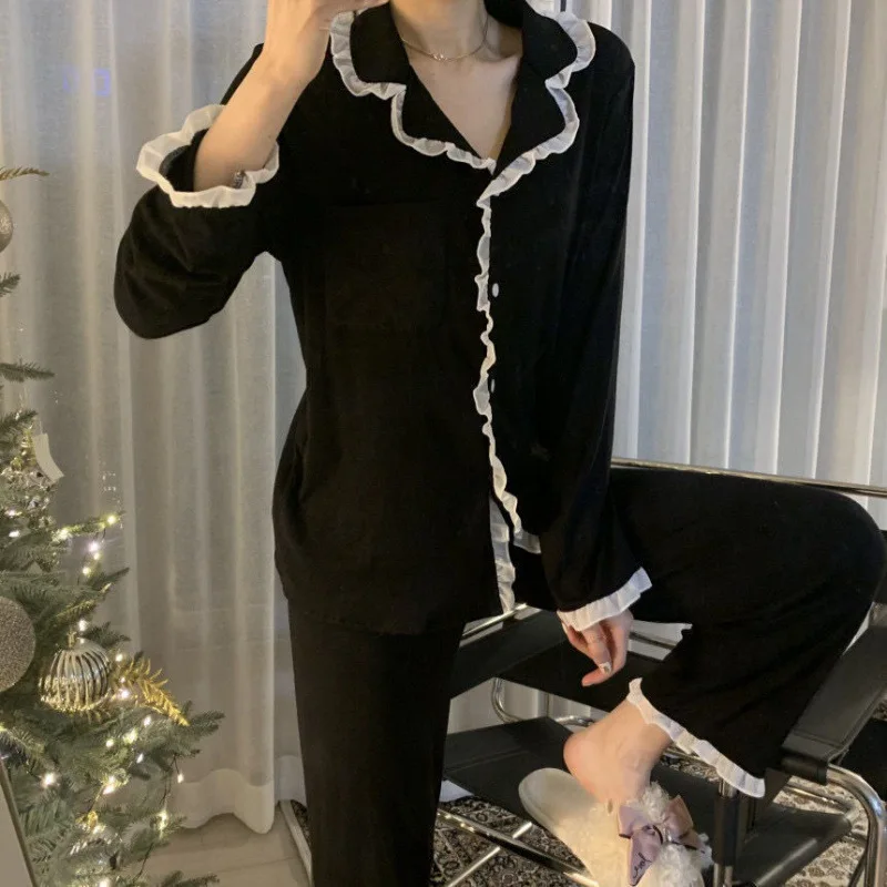 2Pcs/set Women's Nightwear Sexy Lace Long Sleeve Long Pants Simple Black Autumn and Winter Cardigan Young Girls Clothes Womens - Image 3