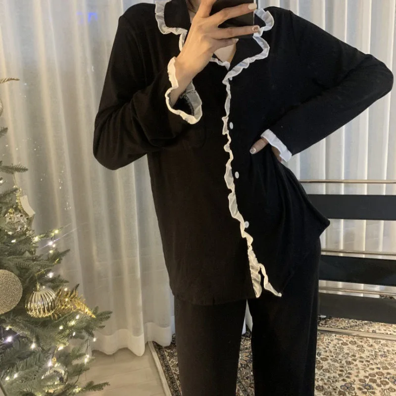 2Pcs/set Women's Nightwear Sexy Lace Long Sleeve Long Pants Simple Black Autumn and Winter Cardigan Young Girls Clothes Womens - Image 4