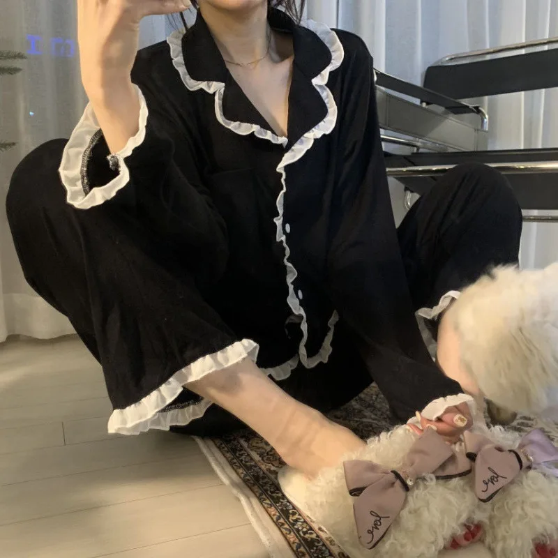 2Pcs/set Women's Nightwear Sexy Lace Long Sleeve Long Pants Simple Black Autumn and Winter Cardigan Young Girls Clothes Womens