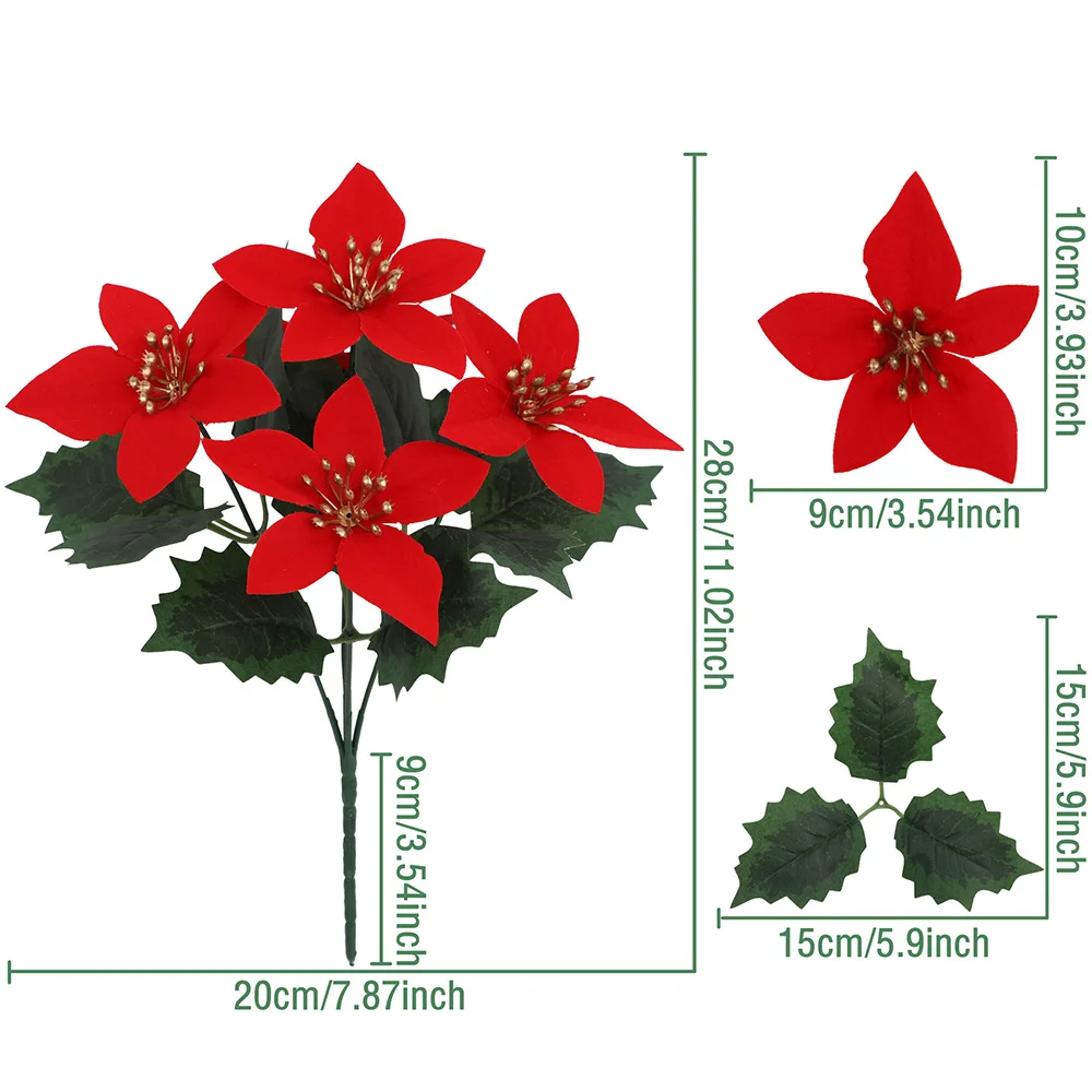 2pcs Artificial Poinsettia Bouquet 5 Heads Poinsettia Bush Christmas Flowers Porch Home Garden Indoor Outdoor Xmas Decorations - Image 3