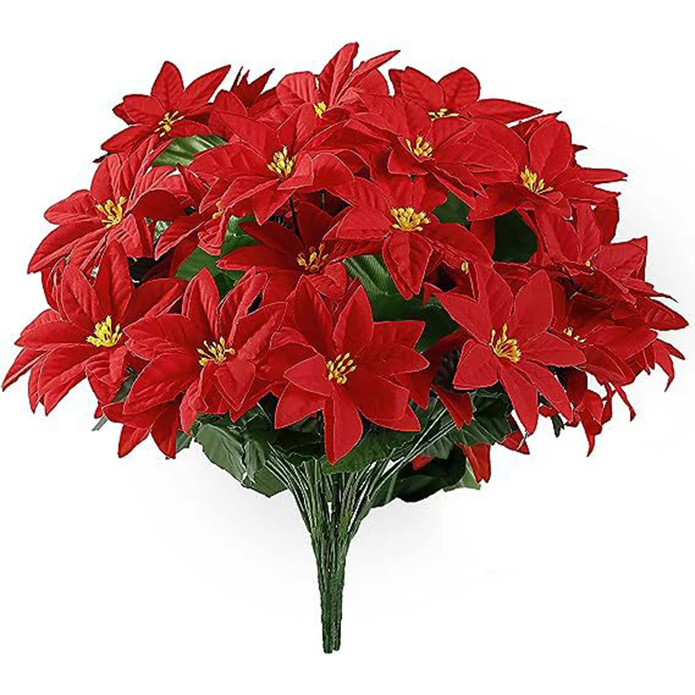 2pcs Artificial Poinsettia Bouquet 5 Heads Poinsettia Bush Christmas Flowers Porch Home Garden Indoor Outdoor Xmas Decorations