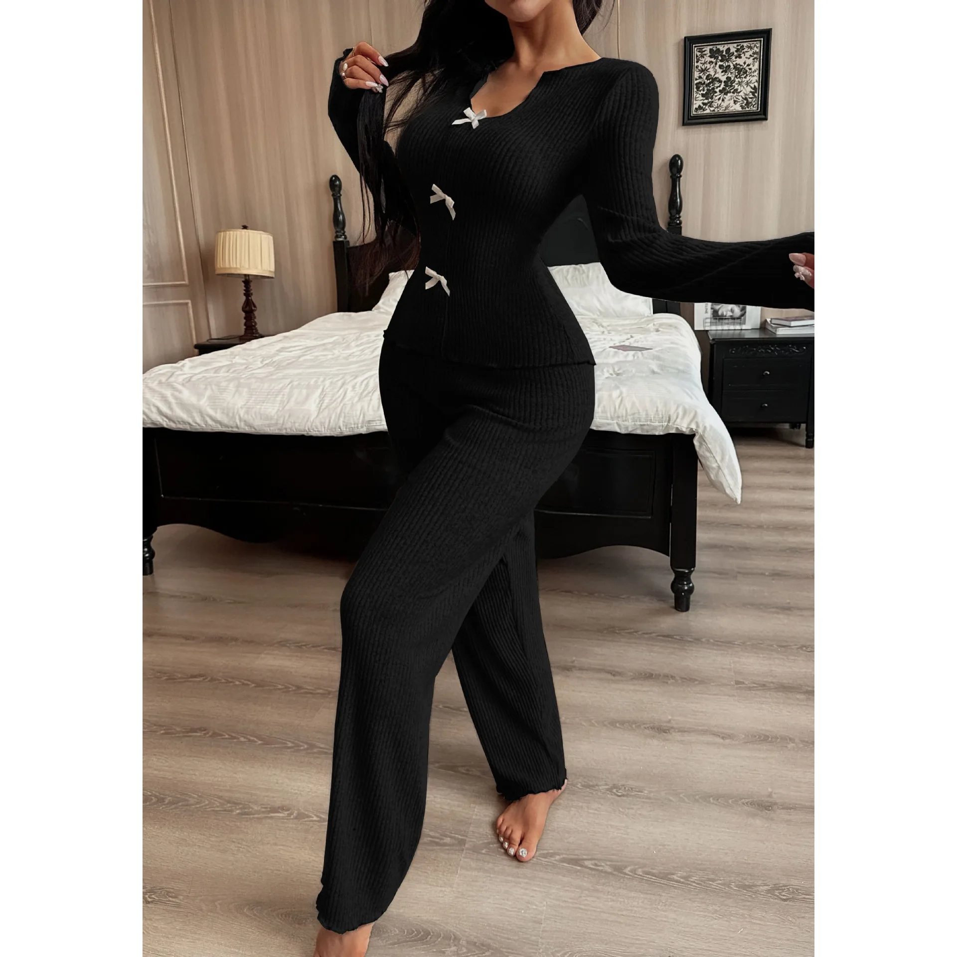 2pcs Fashion Winter V‑Neck Knit Pajama Set Bow Detail Long Sleeve Women Loungewear Casual Nightclothes - Image 5