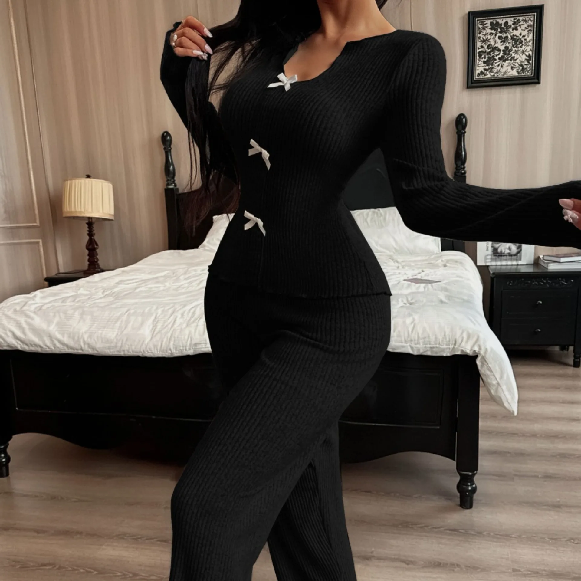 2pcs Fashion Winter V‑Neck Knit Pajama Set Bow Detail Long Sleeve Women Loungewear Casual Nightclothes - Image 4