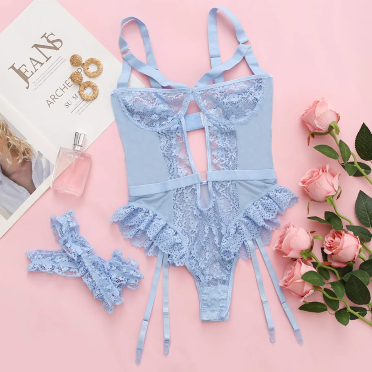 2pcs Red Floral Lace Garter Lingerie Set With Choker Women Intimates 2022 Underwire Bra And Thongs Ladies Underwear Set - Image 4