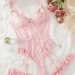 2pcs Red Floral Lace Garter Lingerie Set With Choker Women Intimates 2022 Underwire Bra And Thongs Ladies Underwear Set