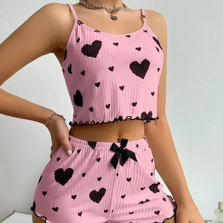 2pcs Women's Pajama Set Sexy Cute Kawaii Pajamas Women Suspenders Sun-Tops Loungewear Set Shorts Y2K Lolita Heart Silk Sleepwear - Image 4