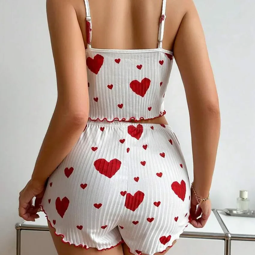 2pcs Women's Pajama Set Sexy Cute Kawaii Pajamas Women Suspenders Sun-Tops Loungewear Set Shorts Y2K Lolita Heart Silk Sleepwear - Image 2