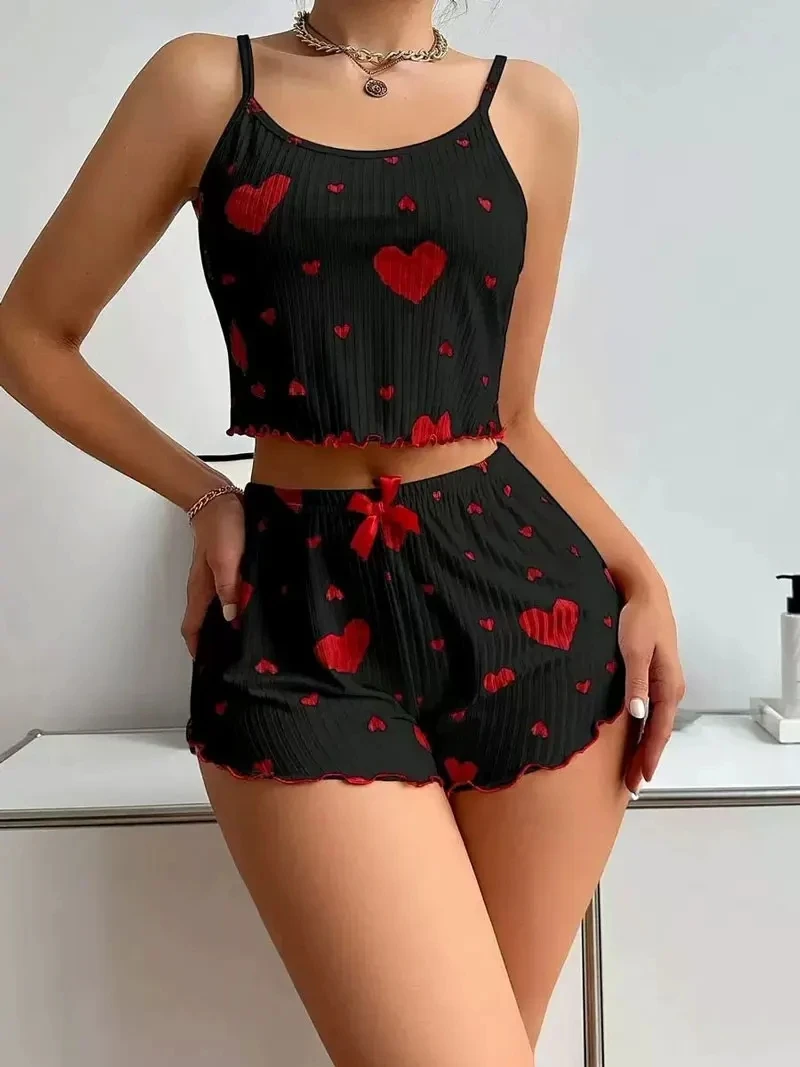 2pcs Women's Pajama Set Sexy Cute Kawaii Pajamas Women Suspenders Sun-Tops Loungewear Set Shorts Y2K Lolita Heart Silk Sleepwear - Image 3