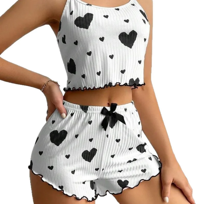 2pcs Women's Pajama Set Sexy Cute Kawaii Pajamas Women Suspenders Sun-Tops Loungewear Set Shorts Y2K Lolita Heart Silk Sleepwear - Image 6