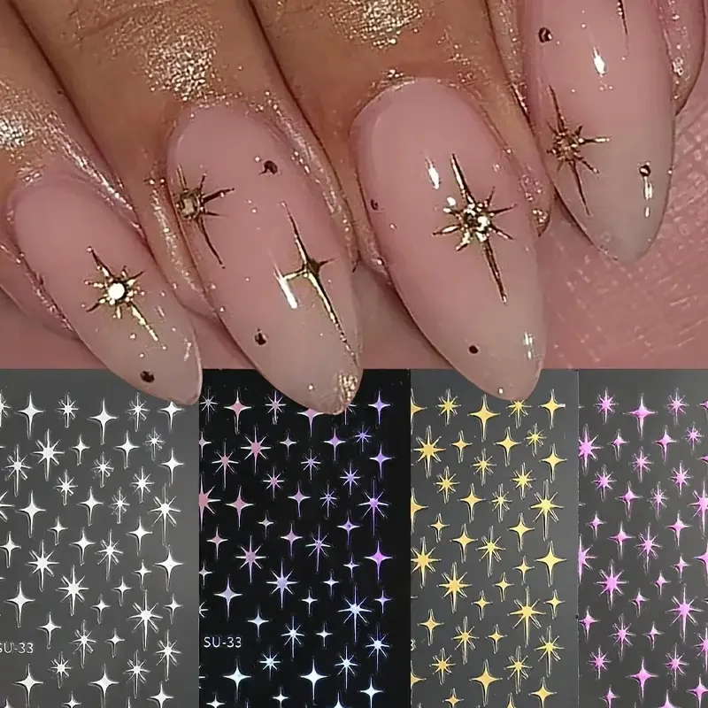 2pcs Y2K Starburst Nail Art Stickers Sparkling Golden & Silvery French Manicure Decorations for DIY Nails