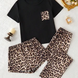 3-Pack Women's Summer Pajamas for Women Simple Casual Leopard Print Women's Short-Sleeved Shorts Pajamas Set for Women