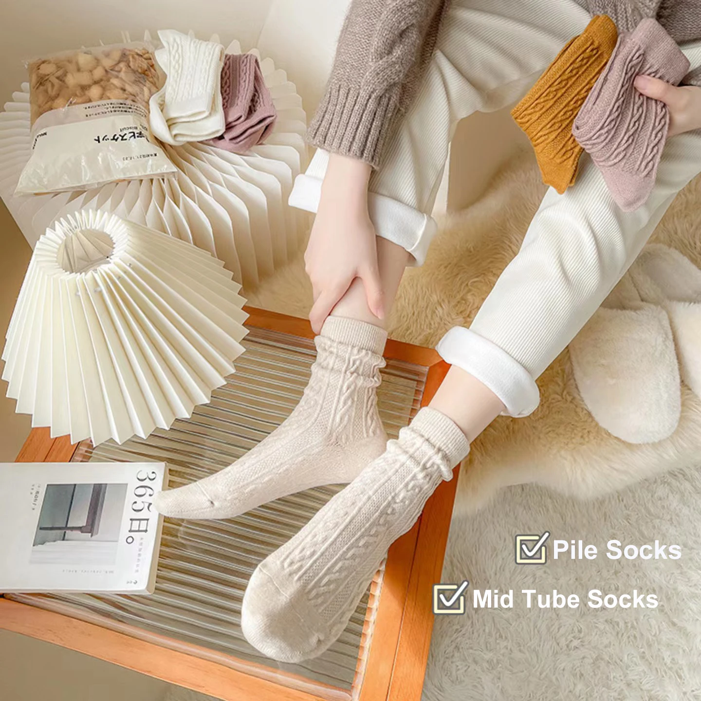 3 Pairs Thicken Cashmere Wool Socks Women's Winter Super Warm Solid Mid-Calf Snow Boot Socks Thermal Japanese Fashion Pile Socks - Image 3
