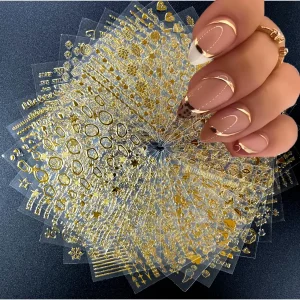 30 Sheets Gold Nail Art Stickers 3D Self-Adhesive Nail Decals Gold Line Star Nail Stickers for Acrylic Nails Gold Leaf