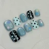 30Pcs Y2K Blue Black Press On Nails Star Polka Dot Swirl Pattern Fake Nail Short Square Cool False Nail for Women&Girl
