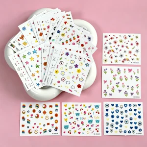 30pcs Mixed Cartoon Theme Nail Art Stickers Cute Floral Bowknot Heart Fruit Plant Nail Decals for DIY Manicure Salon Home Use *