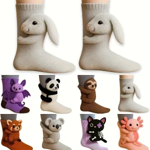 3D Animal Hug Socks - Hand-Crocheted, Soft Cozy Winter Gifts for Christmas, (Hand Wash Only) - Novelty Animal-Themed Footwear