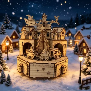 3D Wooden Puzzle Christmas Town Rotating Train Music Box, DIY Assembly Santa Sleigh Model Xmas Decor Gift