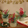 3Pcs Artificial Christmas Mini Potted Red Berry Plant, Woven Basket Faux Holly Pine Cone Ornament, Xmas Tabletop Desktop Ornament