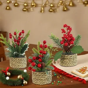 3Pcs Artificial Christmas Mini Potted Red Berry Plant, Woven Basket Faux Holly Pine Cone Ornament, Xmas Tabletop Desktop Ornament