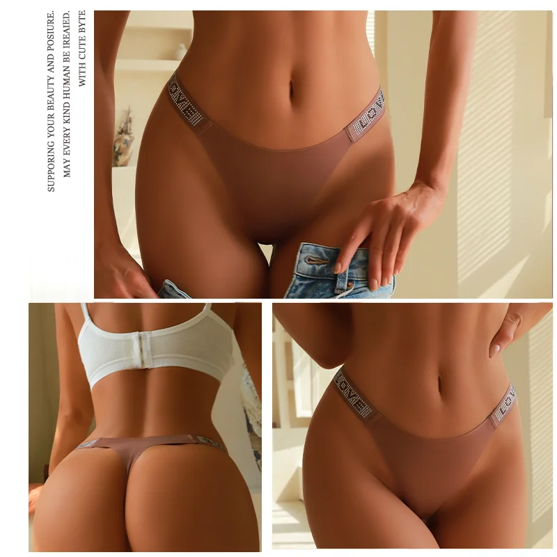 3Pcs/Set Low Waist Sexy Panties Women Thongs Rhinestones Letter Diamonds G-string Sports Thong Shorts Briefs T-back Size XS-XL - Image 3
