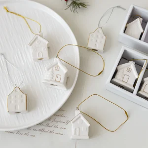 3pcs White Ceramic Xmas Hollow 3D House Pendants Hanging Ornaments Christmas Tree Winter Scene Decor