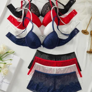 4-Piece Women's Floral Lace Lingerie Set Sexy Underwire Push-Up Bra Breathable Hollow Out Fashion Intimates