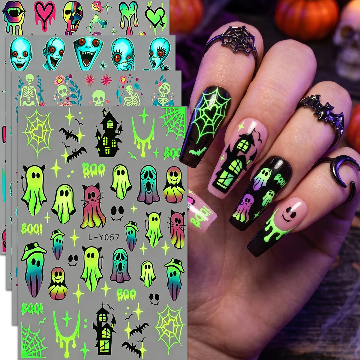 4-pack Night Light Nail Decoration Stickers Halloween Theme Colorful Ghost Skull Pumpkin Pattern Fun Horror Style