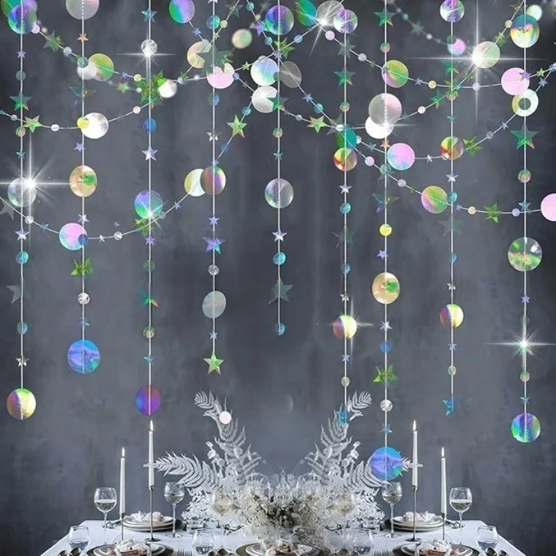 4M Iridescent Party Decor Holographic Circle Iridescent Star Decorations, Hanging Stars Banner Decor for Birthday Wedding Xmas - Image 5