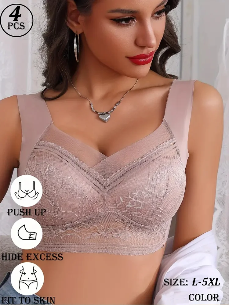 4Pcs/Set Women Lace Bra Perspective Push Up Ice Silk Deep V Bralette Bra Sexy Lingerie Tops Plus Size Cup Mom's underwear L-5XL - Image 2