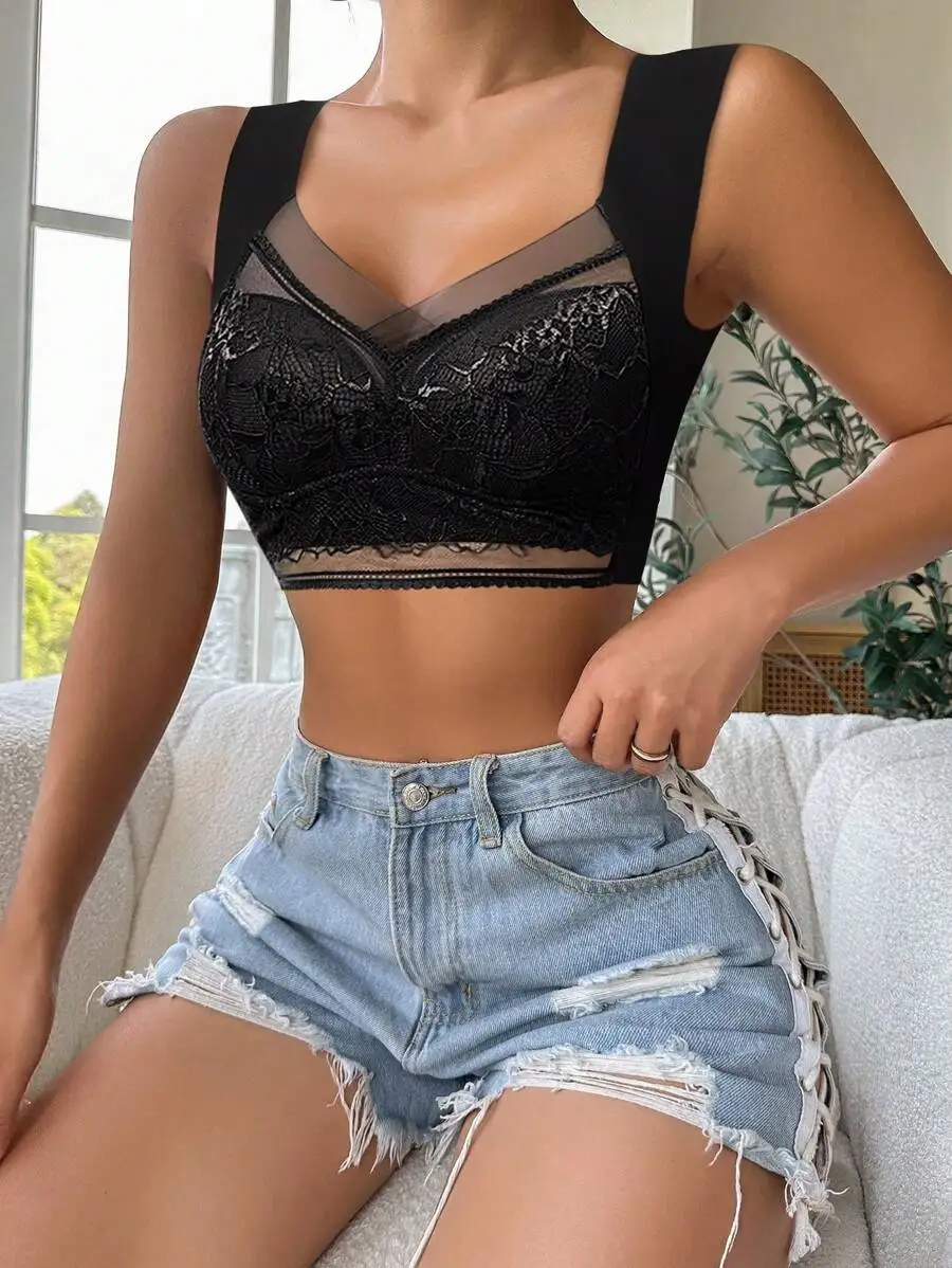 4Pcs/Set Women Lace Bra Perspective Push Up Ice Silk Deep V Bralette Bra Sexy Lingerie Tops Plus Size Cup Mom's underwear L-5XL - Image 3
