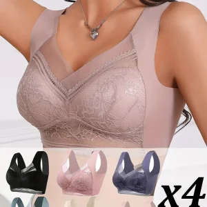 4Pcs/Set Women Lace Bra Perspective Push Up Ice Silk Deep V Bralette Bra Sexy Lingerie Tops Plus Size Cup Mom's underwear L-5XL