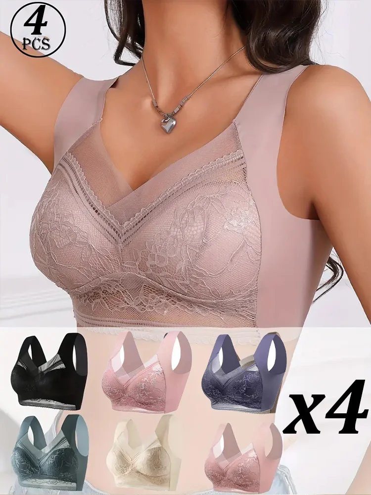 4Pcs/Set Women Lace Bra Perspective Push Up Ice Silk Deep V Bralette Bra Sexy Lingerie Tops Plus Size Cup Mom's underwear L-5XL