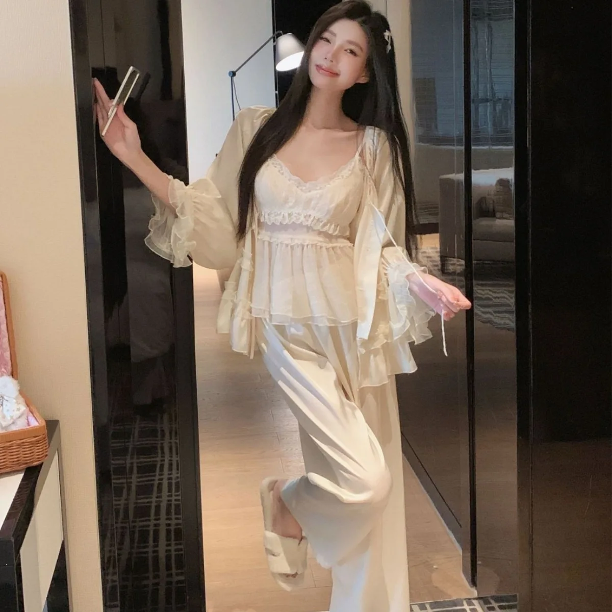 4pcs Women Sweet Pure Desire Ice Silk Lace Camisole Sleepwear Set Summer Four Piece Pajamas with Shorts and Long Gown Homewear - Image 2