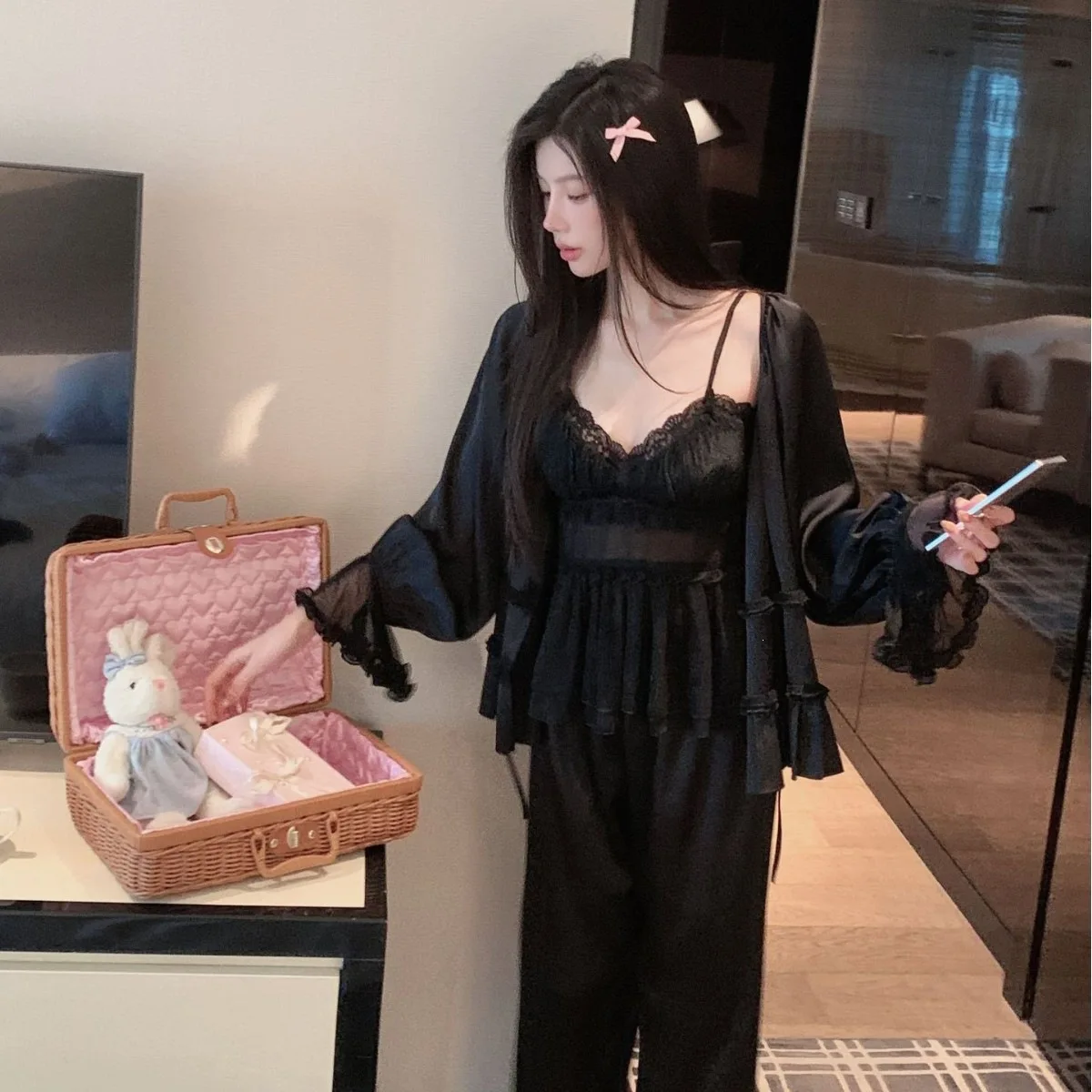 4pcs Women Sweet Pure Desire Ice Silk Lace Camisole Sleepwear Set Summer Four Piece Pajamas with Shorts and Long Gown Homewear - Image 3
