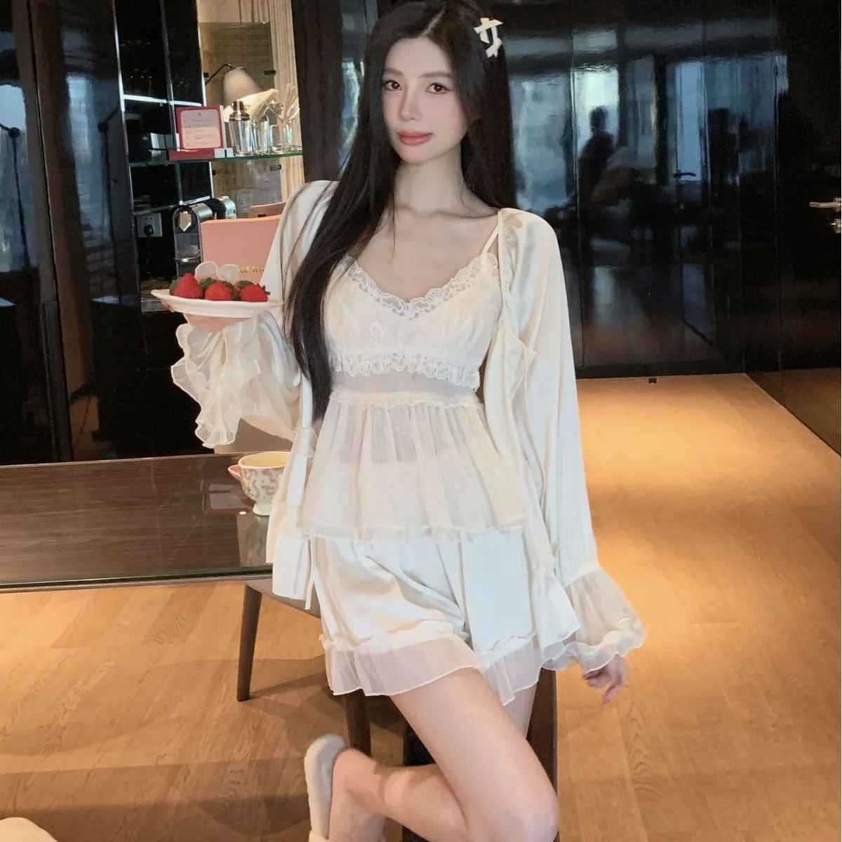 4pcs Women Sweet Pure Desire Ice Silk Lace Camisole Sleepwear Set Summer Four Piece Pajamas with Shorts and Long Gown Homewear - Image 4