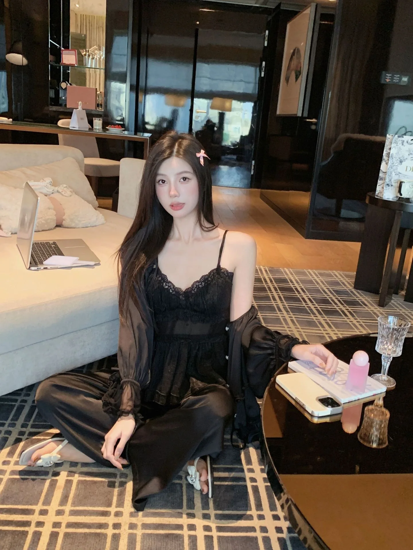 4pcs Women Sweet Pure Desire Ice Silk Lace Camisole Sleepwear Set Summer Four Piece Pajamas with Shorts and Long Gown Homewear - Image 5