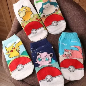 5 Pairs of New Fashionable Pokémon Cartoon Printed Cotton Ankle Socks for Couples Comfortable and Casual Anime Boat Socks
