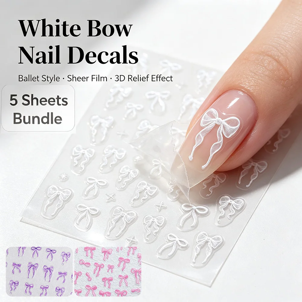 5 Sheets 3D Ribbon Bow Nail Stickers Sheer Thin Flexible Ballet Bow Nail Decals Embossed Bow Nail Art for Manicure Decoration