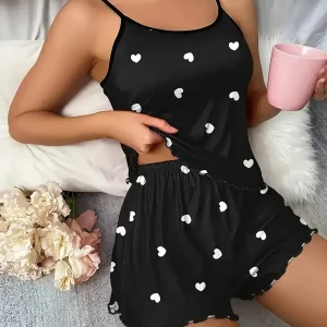 5 Size Choose S M L XL 2XLWomen's Two-Piece Suspender Heart Printed Top and Shorts Women's Casual Printed Pajama Set