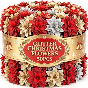 50/10PCS Artificial Glitter Christmas Flowers with Clips Red Gold Poinsettia Fake Ornament DIY Xmas Tree New Year Party Decora