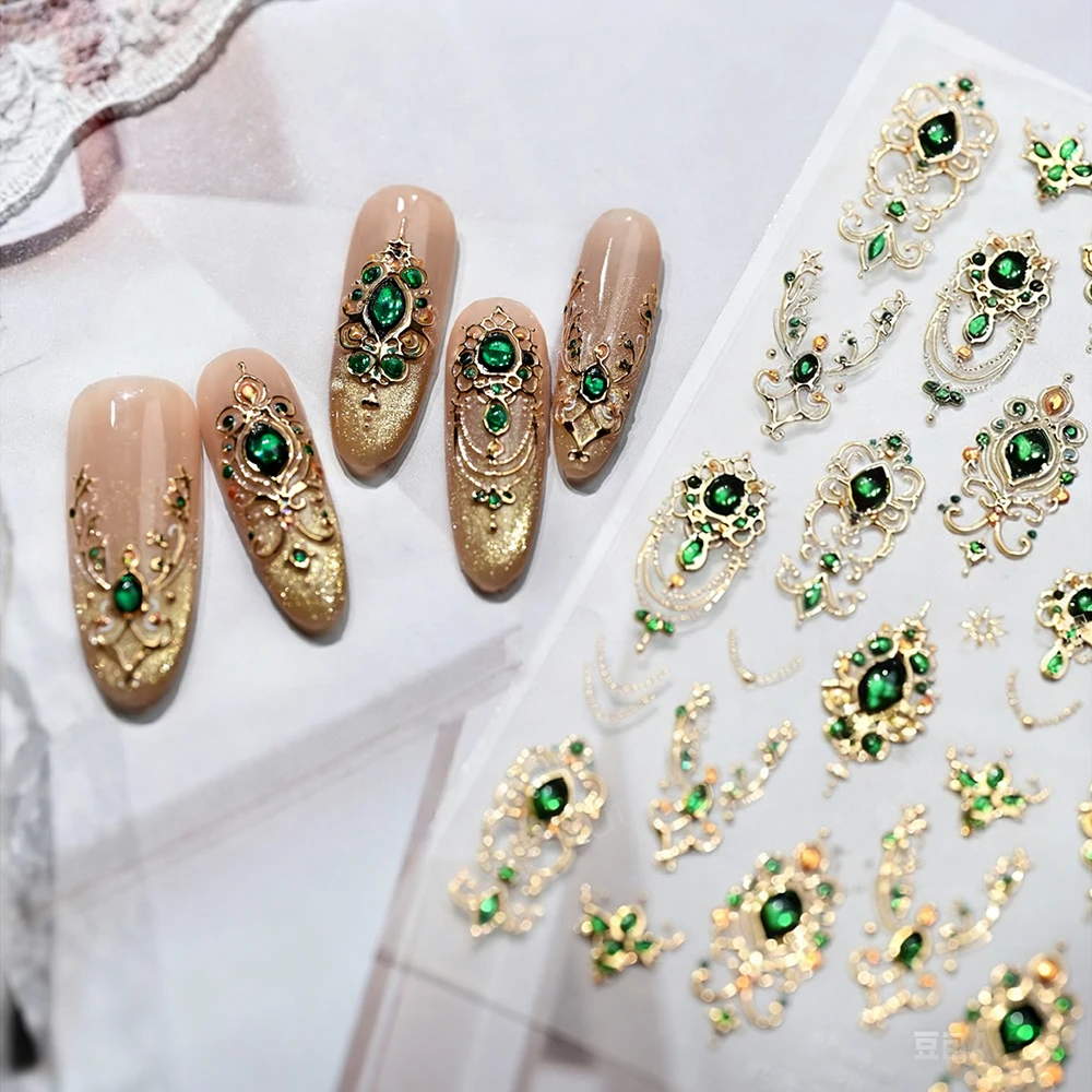 5D Embossed Emerald Gemstones Nail Art Stickers Luxury Golden Frame Baroque Flower Nail Decals Green Rhinestones Nail Supplies - Image 2
