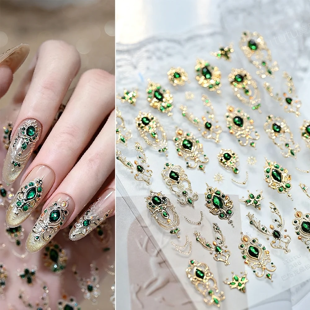 5D Embossed Emerald Gemstones Nail Art Stickers Luxury Golden Frame Baroque Flower Nail Decals Green Rhinestones Nail Supplies - Image 4