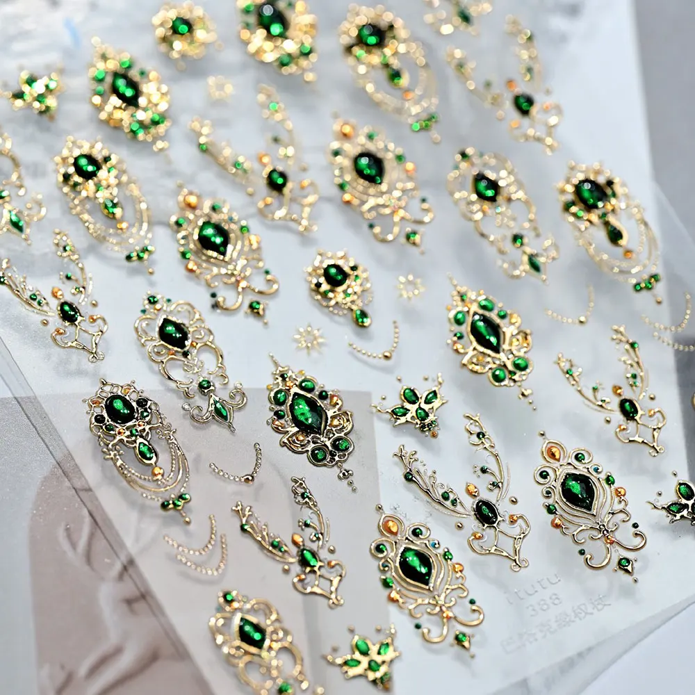 5D Embossed Emerald Gemstones Nail Art Stickers Luxury Golden Frame Baroque Flower Nail Decals Green Rhinestones Nail Supplies - Image 3