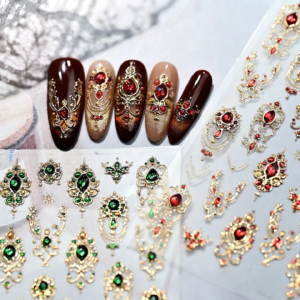 5D Embossed Emerald Gemstones Nail Art Stickers Luxury Golden Frame Baroque Flower Nail Decals Green Rhinestones Nail Supplies - Image 6
