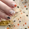 5D Embossed Halloween Nail Stickers Self‑Adhesive Nail Decals with Ghost Pumpkin Cat Mushroom Patterns Gold‑Trim Manicure Slider