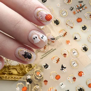 5D Embossed Halloween Nail Stickers Self‑Adhesive Nail Decals with Ghost Pumpkin Cat Mushroom Patterns Gold‑Trim Manicure Slider
