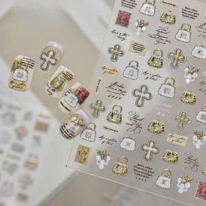 5D Embossed Retro Baroque Nail Stickers Self Adhesive Golden Cross Lock Pearl Stamp Nail Art DecalsLuxury DIYManicureDecorations