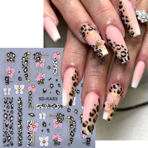 5D Leopard Print Flower Nail Art Stickers Self-Adhesive Butterfly Geometry Floral Nail Decals Manicure Decorations Nail Supplies