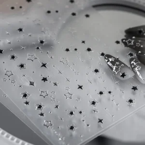5D Luxury Star Nail Stickers for Nail Art Stars Black Silver Nail Decals Gilding Hollow Out Five-Pointed Nail Art Design Slider